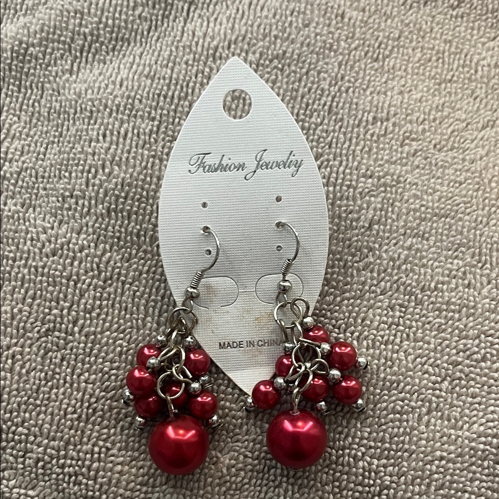 Red Beaded Dangle Earrings